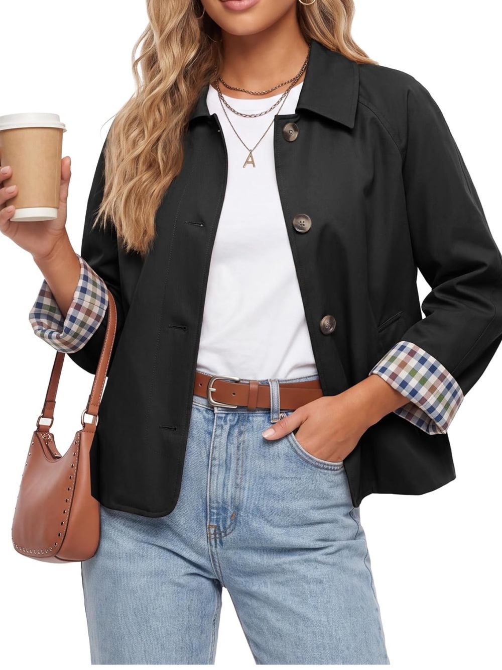 Classic Black Women's Button-Front Cropped Trench Coat - NWT- Size L
